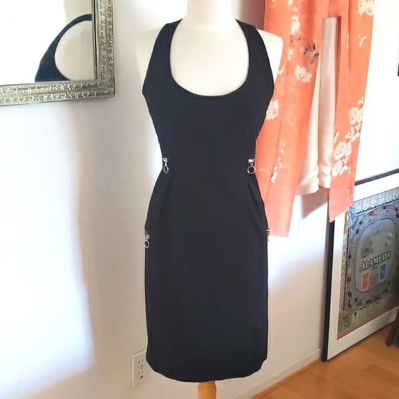 Zara Black Cotton Fitted Criss-Cross Straps Dress W/ Zippers Size Medium - Picture 8 of 11